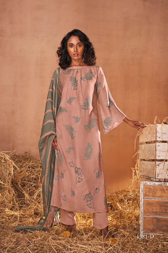 Pure Muslin Print Suit With Embroidery Handwork With Printed Organza Dupatta Available in Peach