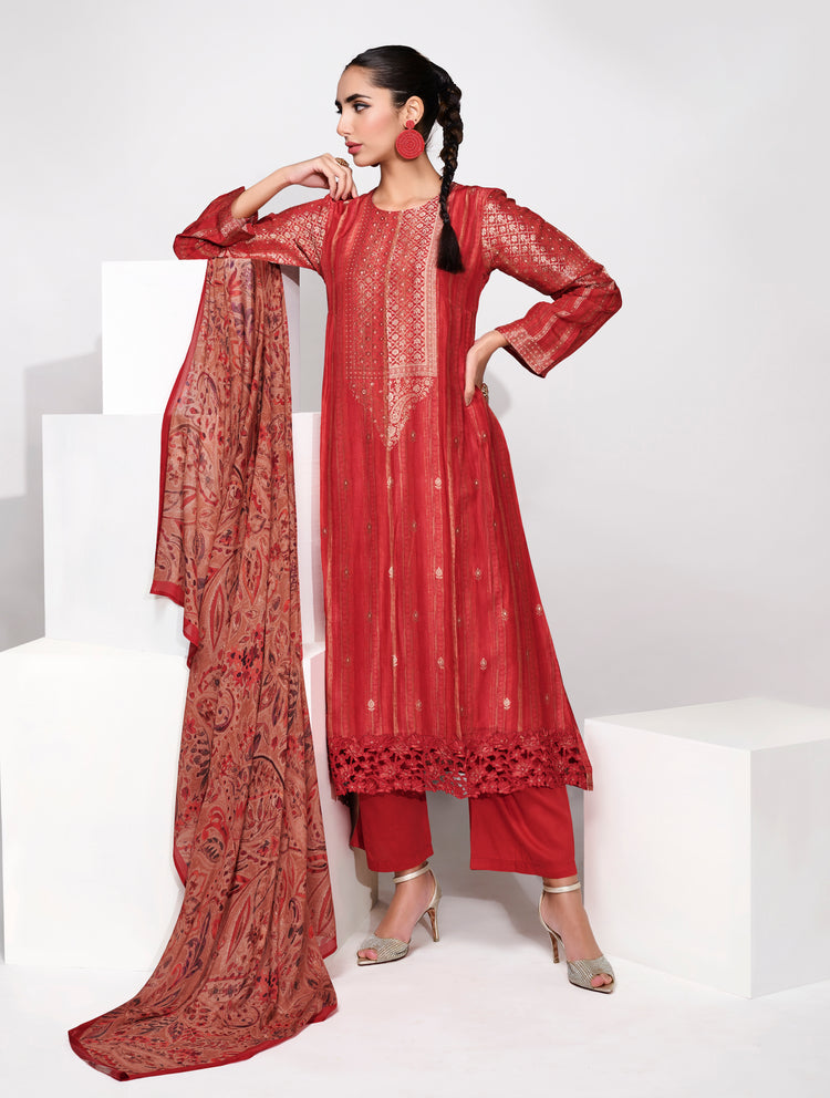 Azza Silk Jacquard Printed Suit With Printed Chinon Chiffon Dupatta available in Red