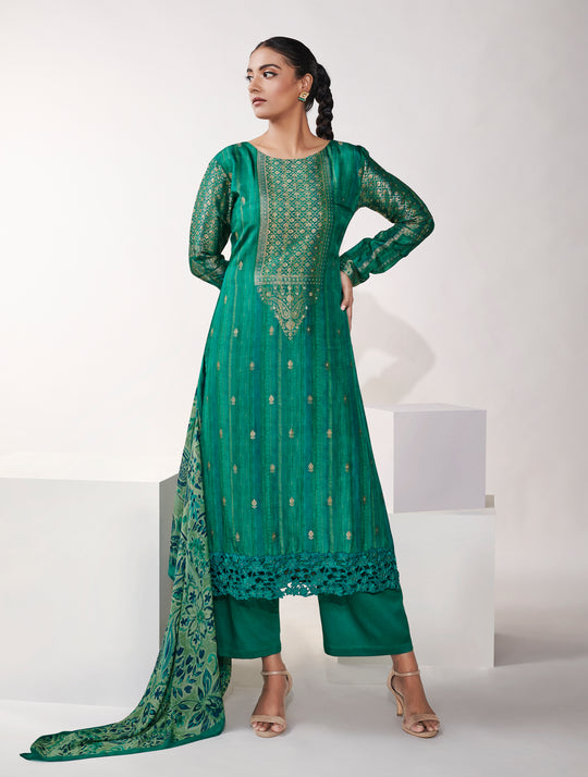 Azza Silk Jacquard Printed Suit With Printed Chinon Chiffon Dupatta available in Castleton Green