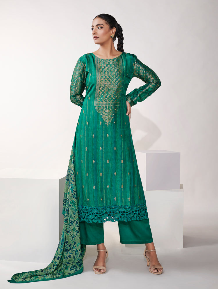 Azza Silk Jacquard Printed Suit With Printed Chinon Chiffon Dupatta available in Castleton Green