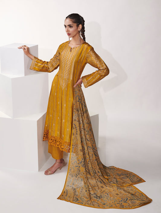 Azza Silk Jacquard Printed Suit With Printed Chinon Chiffon Dupatta available in Chrome Yellow