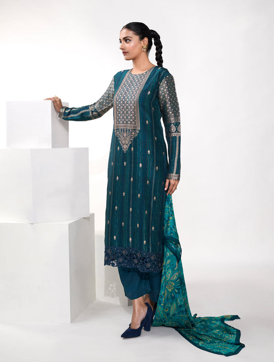 Azza Silk Jacquard Printed Suit With Printed Chinon Chiffon Dupatta available in Aegean Blue