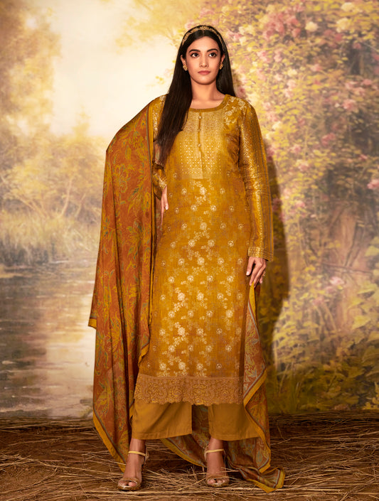 Azza Silk Printed Suit With Printed Chinon Chiffon  Dupatta Available in Chrome Yellow