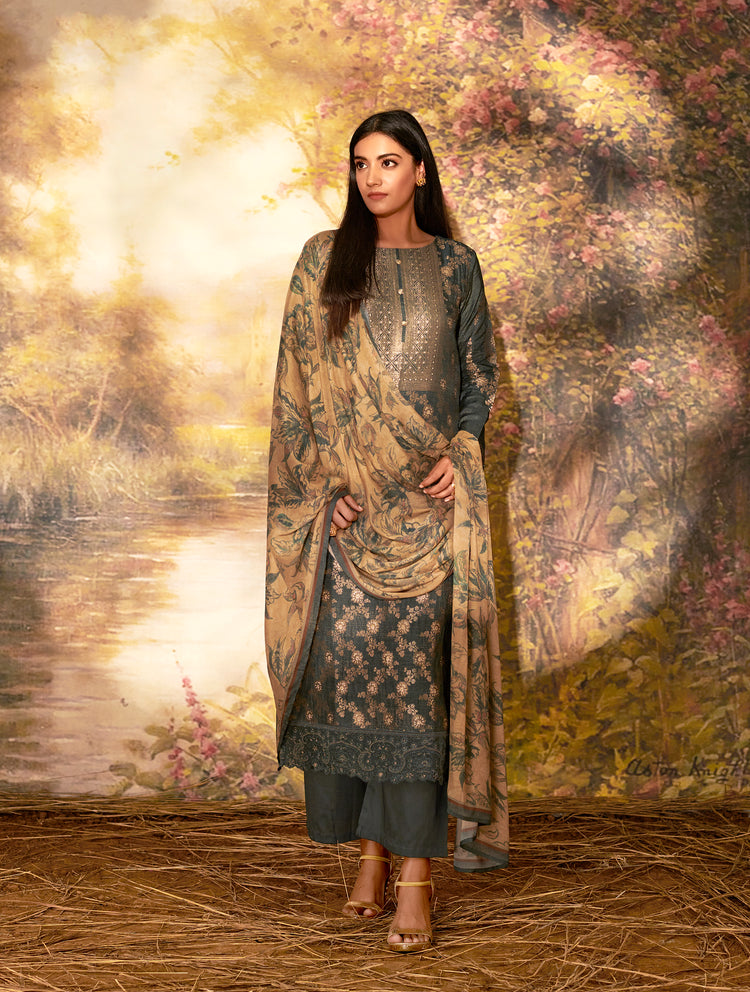 Azza Silk Printed Suit With Printed Chinon Chiffon  Dupatta Available in Shadow Grey