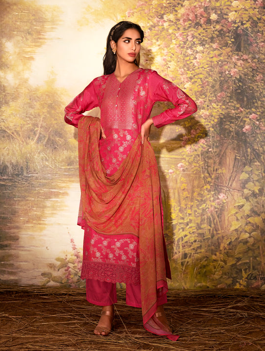 Azza Silk Printed Suit With Printed Chinon Chiffon  Dupatta Available in Cerise Pink