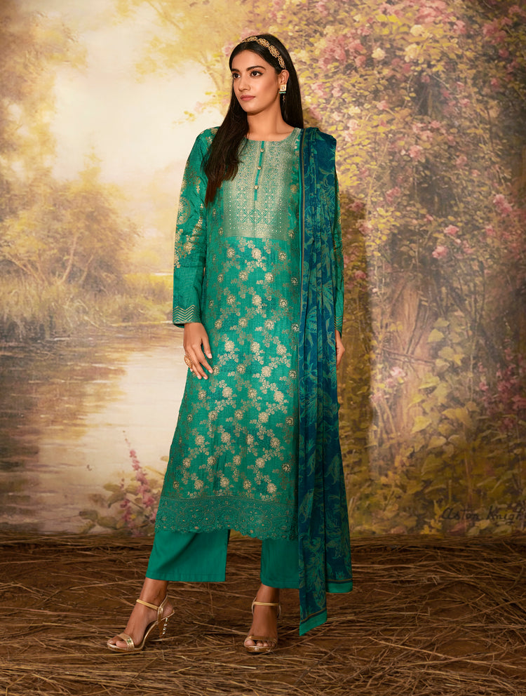 Azza Silk Printed Suit With Printed Chinon Chiffon  Dupatta Available in Teal Blue