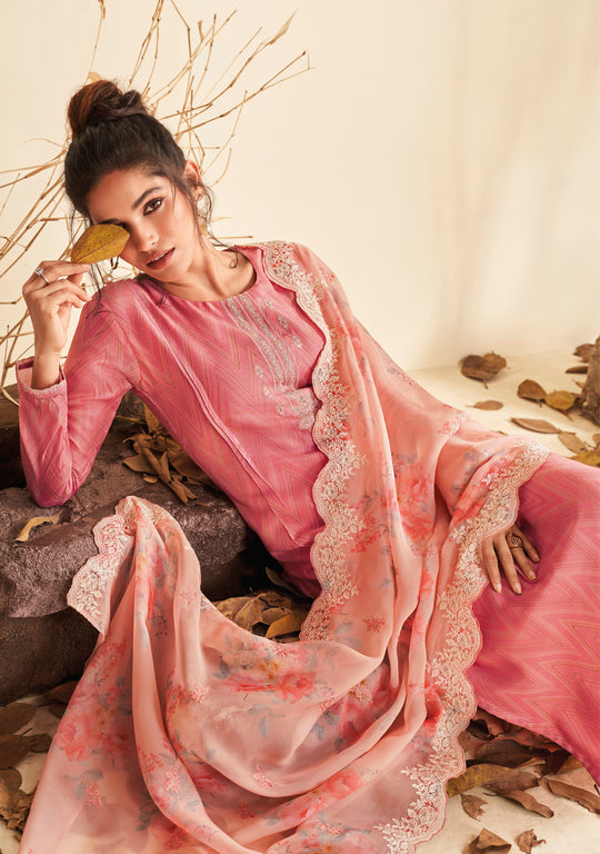 Pure Muslin Embroidered Suit With Embroidered Organza Dupatta Available in Watermelon Pink