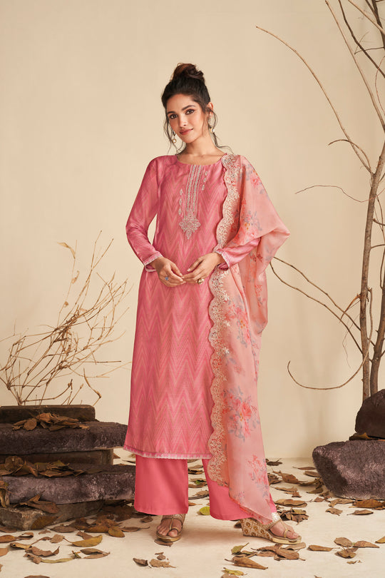 Pure Muslin Embroidered Suit With Embroidered Organza Dupatta Available in Watermelon Pink