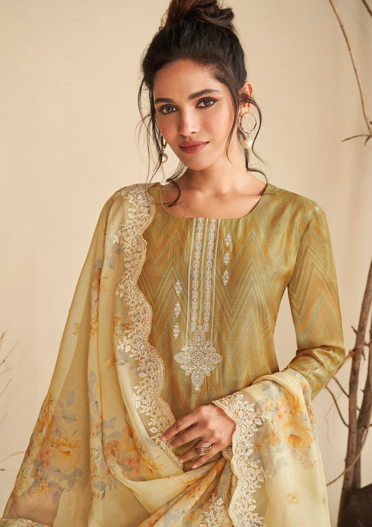 Pure Muslin Embroidered Suit With Embroidered Organza Dupatta Available in Munsell Yellow