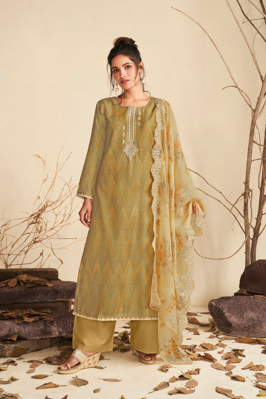 Pure Muslin Embroidered Suit With Embroidered Organza Dupatta Available in Munsell Yellow