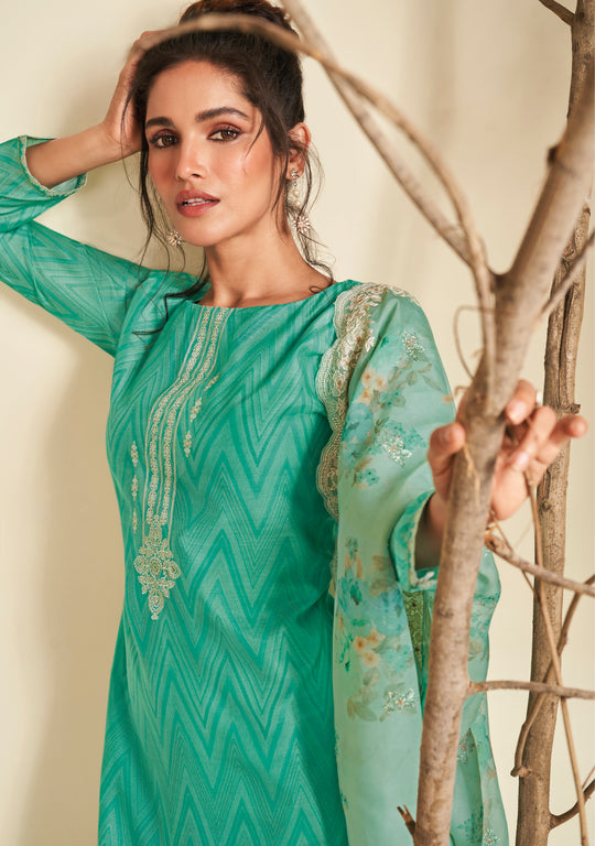 Pure Muslin Embroidered Suit With Embroidered Organza Dupatta Available in Tiffany Blue