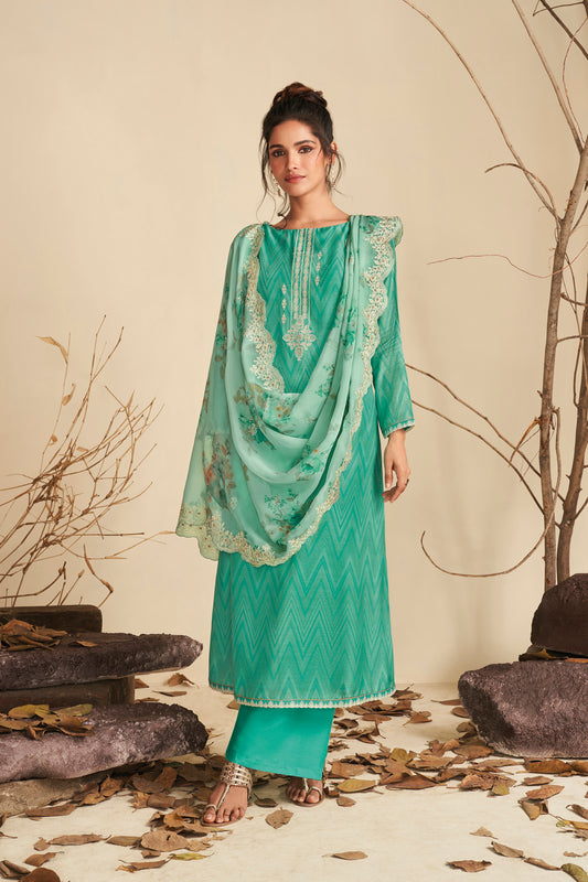 Pure Muslin Embroidered Suit With Embroidered Organza Dupatta Available in Tiffany Blue