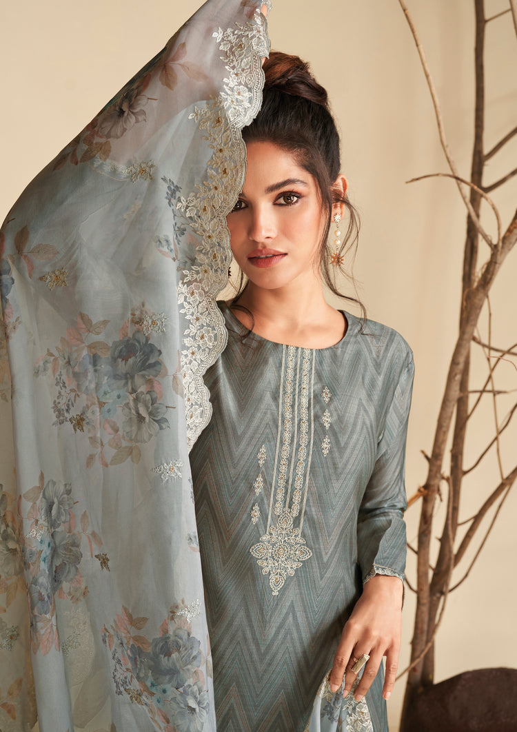 Pure Muslin Embroidered Suit With Embroidered Organza Dupatta Available in Grey