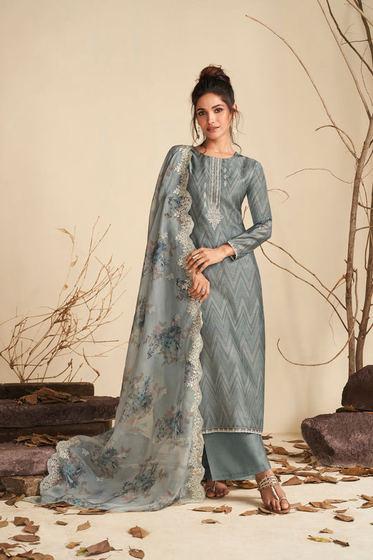 Pure Muslin Embroidered Suit With Embroidered Organza Dupatta Available in Grey