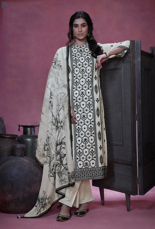 Lawn Cotton Embroidered Suit With Printed Malmal Cotton Dupatta available in Off White