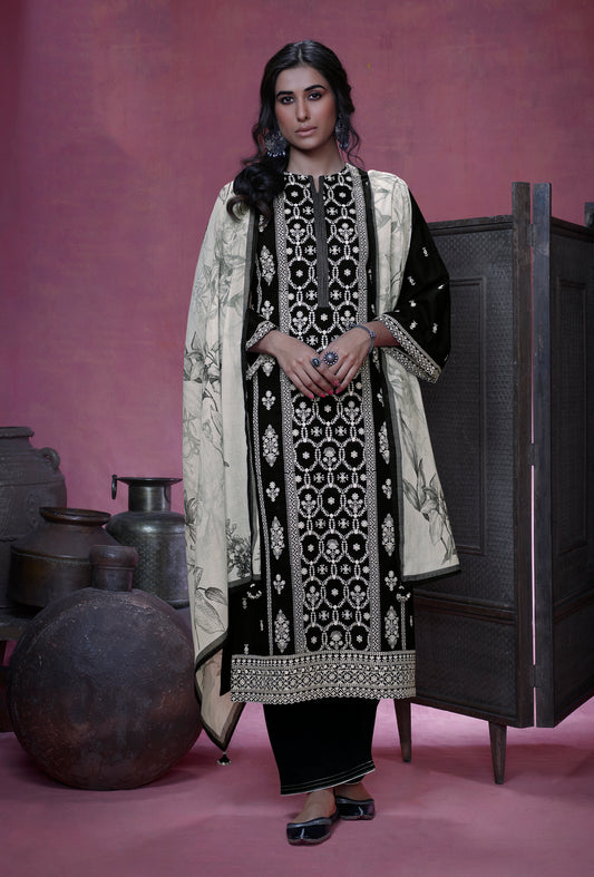 Lawn Cotton Embroidered Suit With Printed Malmal Cotton Dupatta available in Black