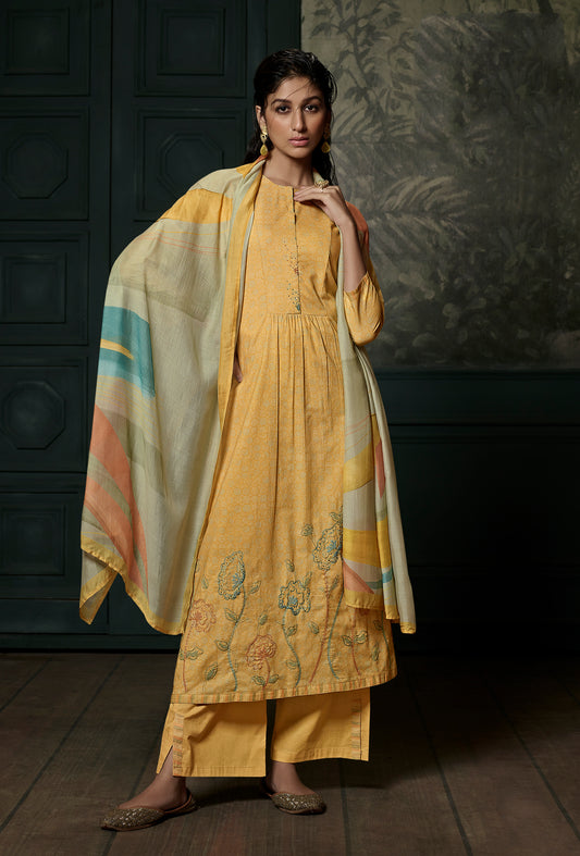 Lawn Cotton Embroidered Suit With Printed Muslin Dupatta Available in Canary Yellow