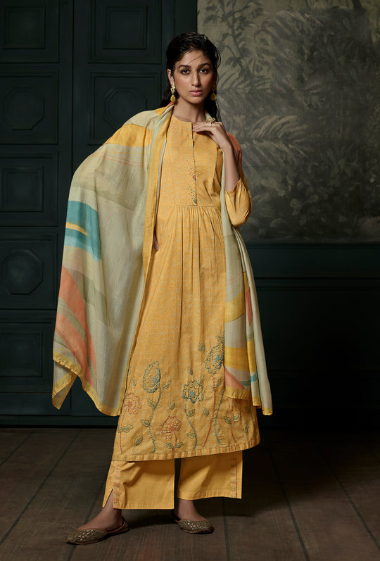 Lawn Cotton Embroidered Suit With Printed Muslin Dupatta Available in Canary Yellow