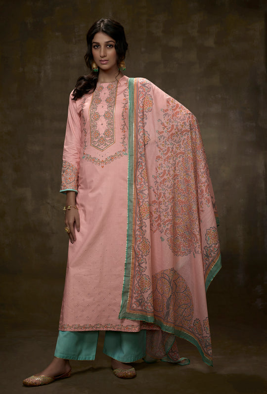 Lawn Cotton Print With Border Embroidered Suit With Printed Malmal Cotton Dupatta Available in Peach