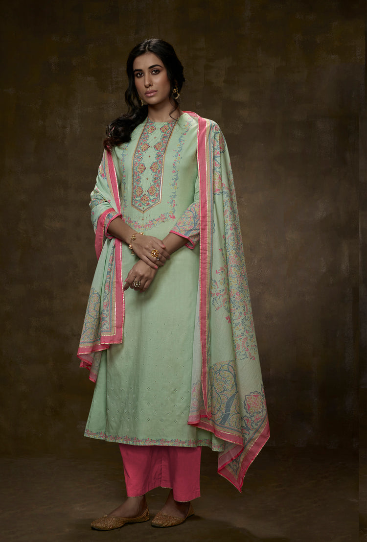 Lawn Cotton Print With Border Embroidered Suit With Printed Malmal Cotton Dupatta Available in Tea Green