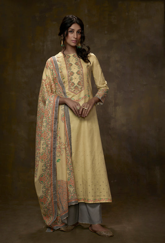 Lawn Cotton Print With Border Embroidered Suit With Printed Malmal Cotton Dupatta Available in Minion Yellow