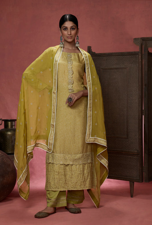 Muslin Silk Embroidered Suit With Embroidered Organza Dupatta Available in Dandelion Yellow