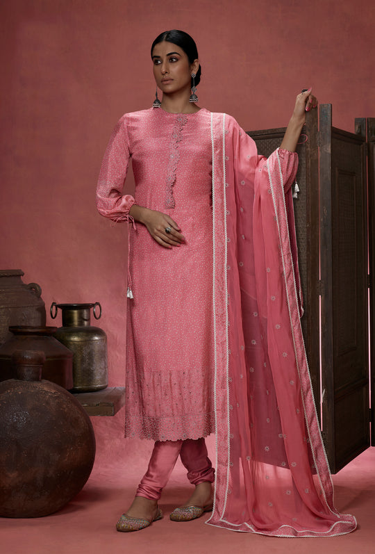 Muslin Silk Embroidered Suit With Embroidered Organza Dupatta Available in Watermelon Pink