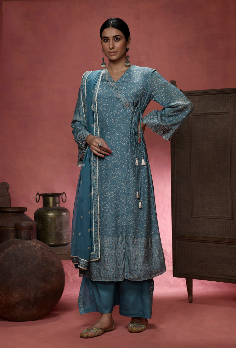 Muslin Silk Embroidered Suit With Embroidered Organza Dupatta Available in Stone Blue