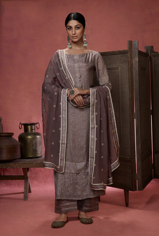 Muslin Silk Embroidered Suit With Embroidered Organza Dupatta Available in Purple