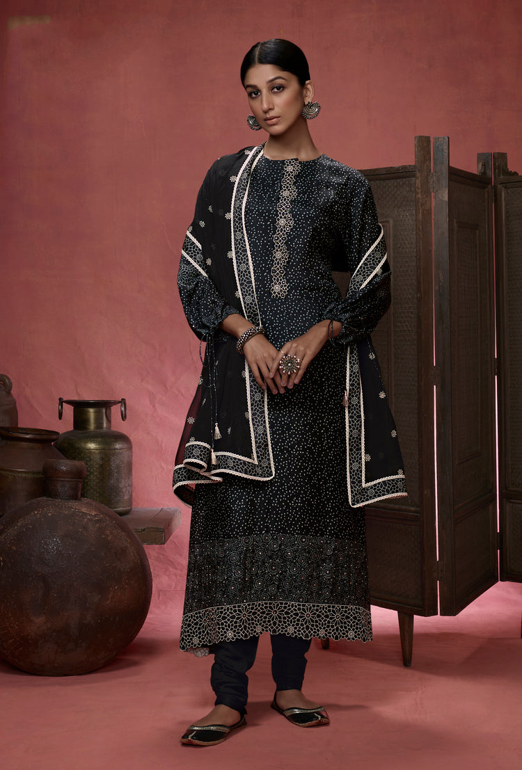 Muslin Silk Embroidered Suit With Embroidered Organza Dupatta Available in Black