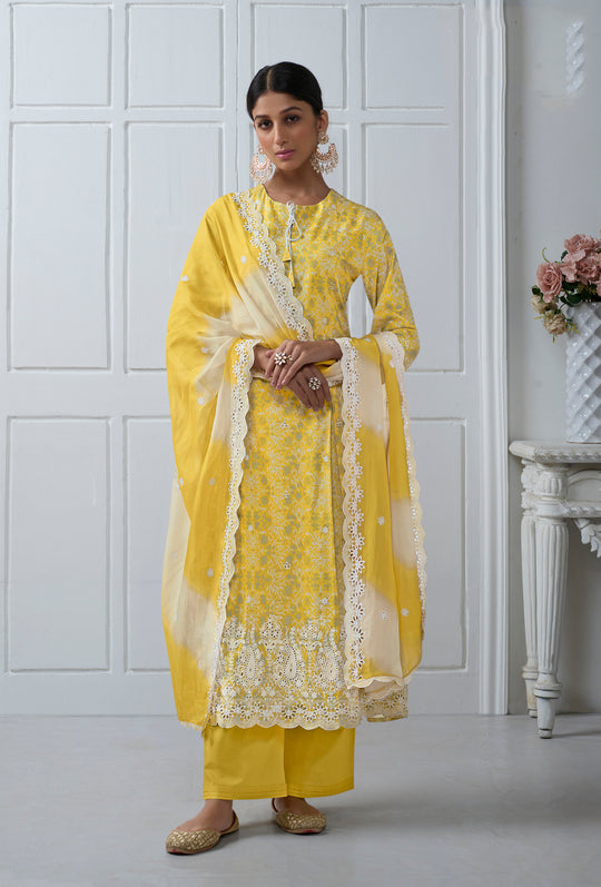 Lawn Cotton Embroidered Suit With Embroidered Organza Dupatta Available in Munsell Yellow