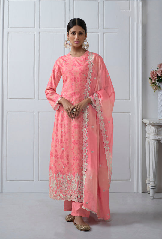 Lawn Cotton Embroidered Suit With Embroidered Organza Dupatta Available in Pink