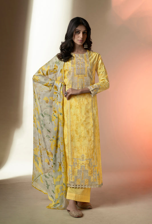 Lawn Cotton Embroidered Suit With Printed Bemberg Chiffon Dupatta Available in Lemon Yellow