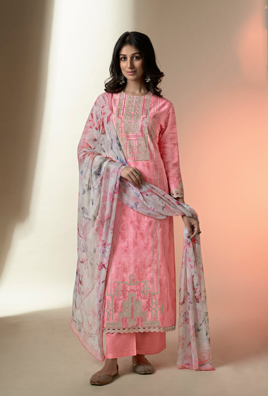 Lawn Cotton Embroidered Suit With Printed Bemberg Chiffon Dupatta Available in Rose Pink