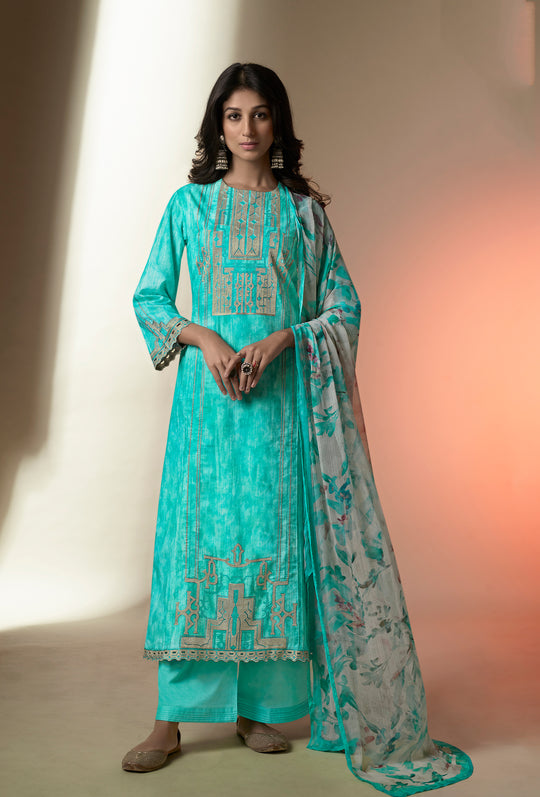 Lawn Cotton Embroidered Suit With Printed Bemberg Chiffon Dupatta Available in Teal Blue