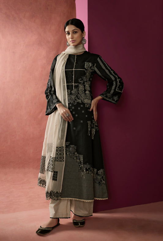 Linen Cotton Printed Suit With Embroidered Organza Dupatta Available in Black