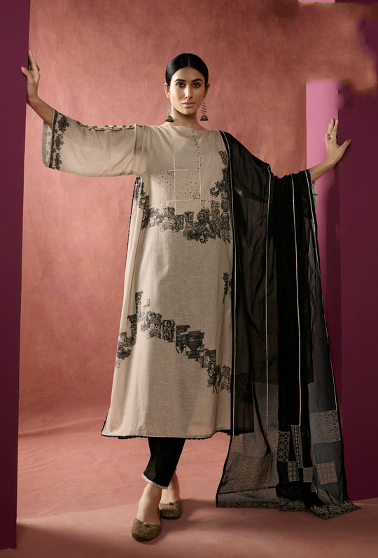 Linen Cotton Printed Suit With Embroidered Organza Dupatta Available in Cream