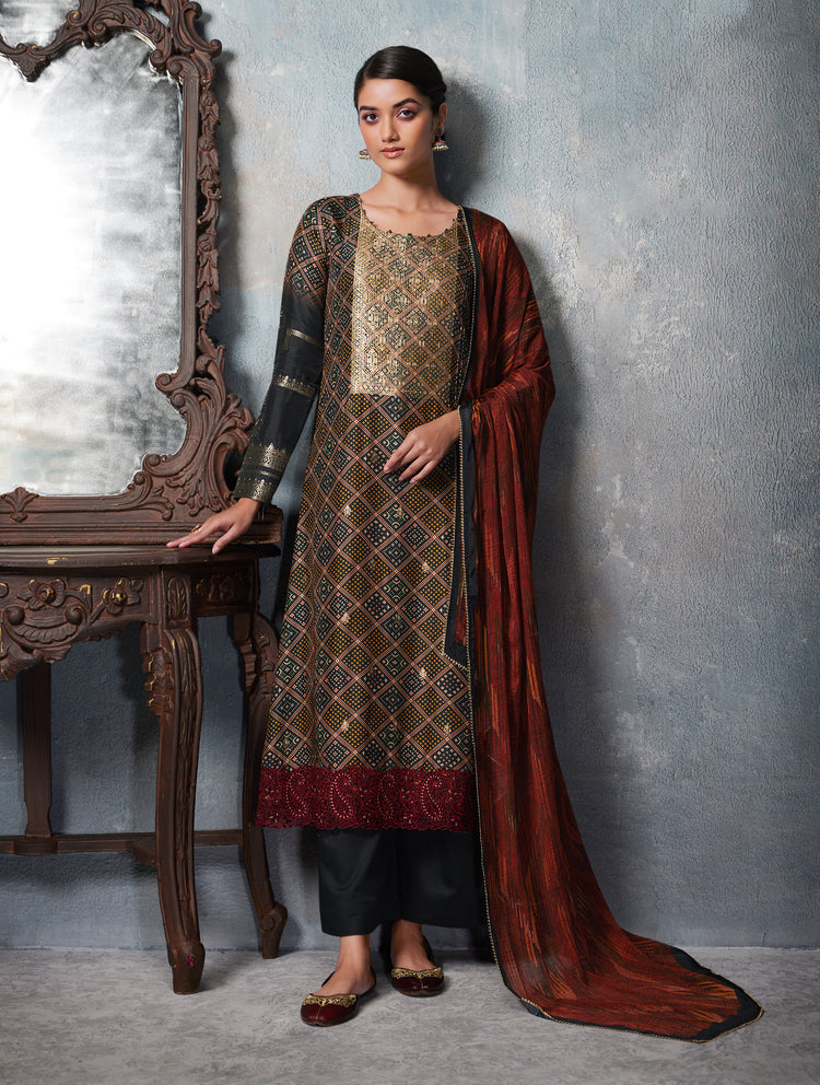 Azza silk jacquard printed Suit With Printed chinnon chiffon Dupatta available in Black (Unstitched Suit)