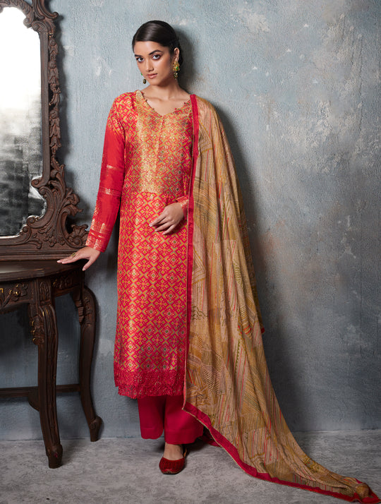 Azza silk jacquard printed Suit With Printed chinnon chiffon Dupatta available in Red(Unstitched Suit)