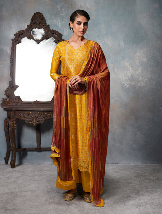 Azza silk jacquard printed Suit With Printed chinnon chiffon Dupatta available in Yellow(Unstitched Suit)