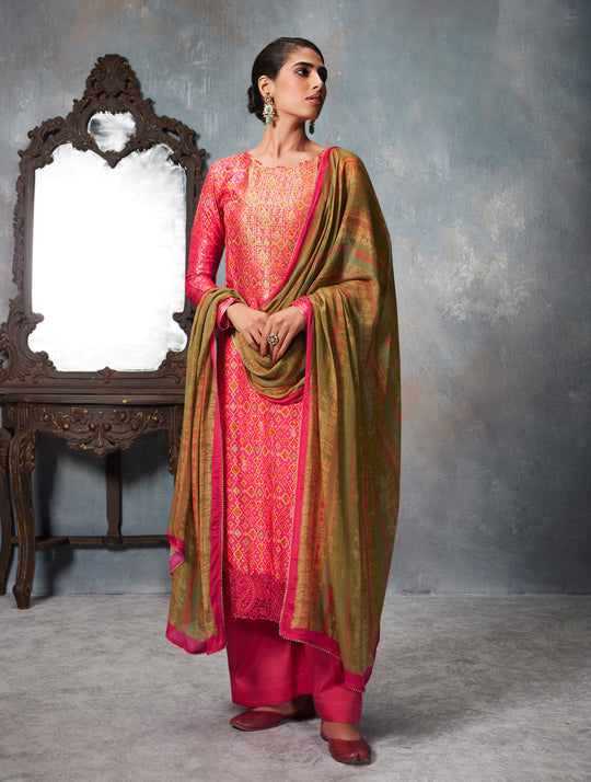 Azza silk jacquard printed Suit With Printed chinnon chiffon Dupatta available in Rose Pink(Unstitched Suit)