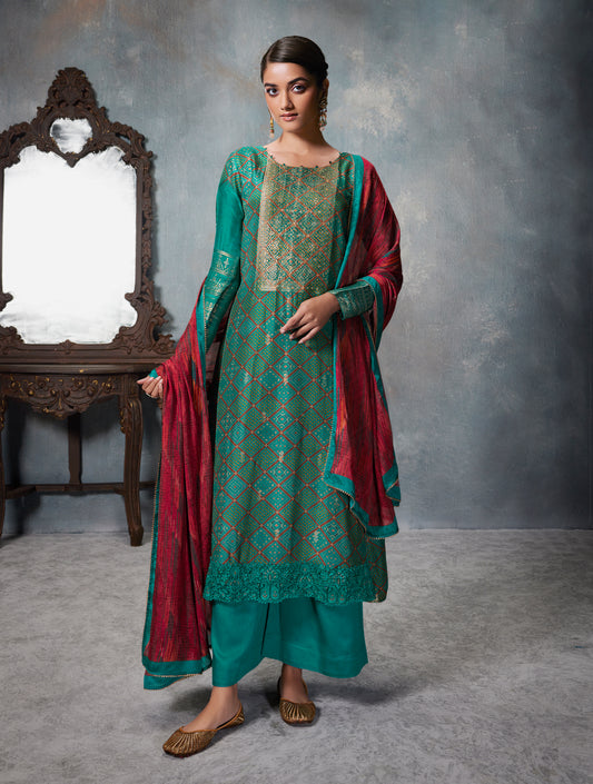 Azza silk jacquard printed Suit With Printed chinnon chiffon Dupatta available in Teal Blue(Unstitched Suit)