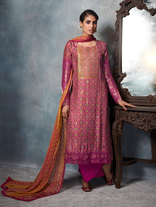 Azza silk jacquard printed Suit With Printed chinnon chiffon Dupatta available in Barbie Pink(Unstitched Suit)