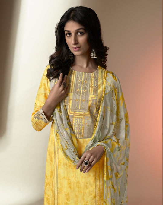 Lawn Cotton Embroidered Suit With Printed Bemberg Chiffon Dupatta Available in Lemon Yellow