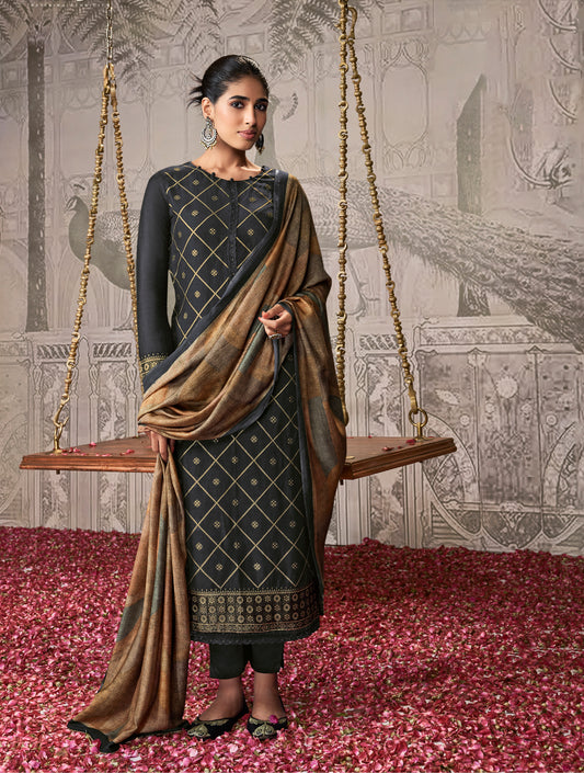 Silk linen jacquard Suit With Printed Silkina Dupatta available in Black(Unstitched Suit)