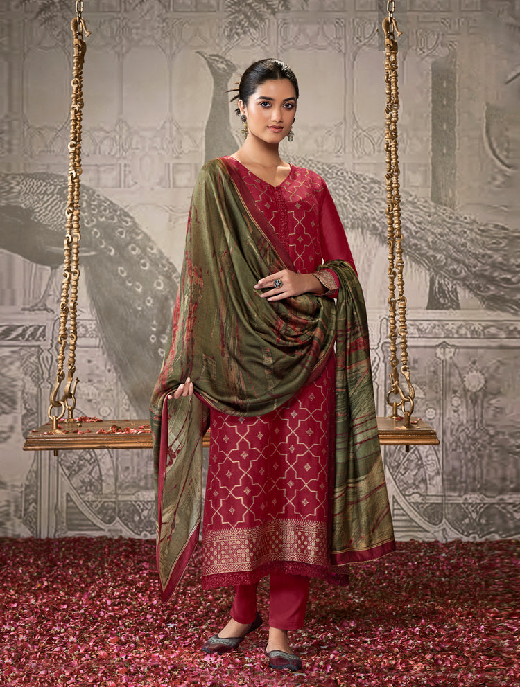 Silk linen jacquard Suit With Printed Silkina Dupatta available in Red(Unstitched Suit)