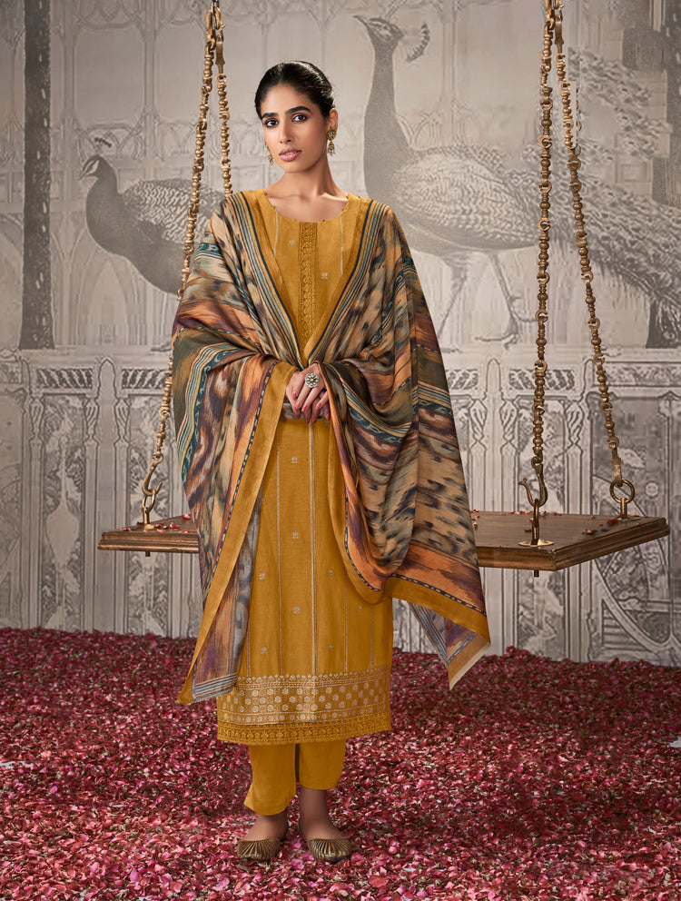 Silk linen jacquard Suit With Printed Silkina Dupatta available in Yellow(Unstitched Suit)