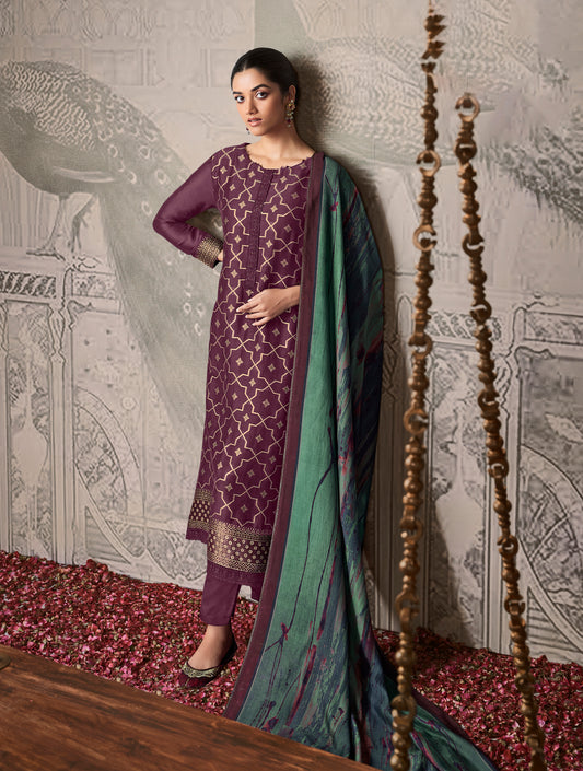 Silk linen jacquard Suit With Printed Silkina Dupatta available in Purple(Unstitched Suit)