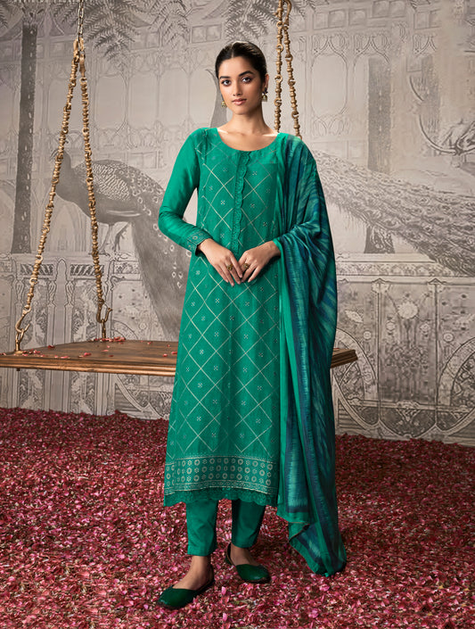 Silk linen jacquard Suit With Printed Silkina Dupatta available in Mint Green(Unstitched Suit)