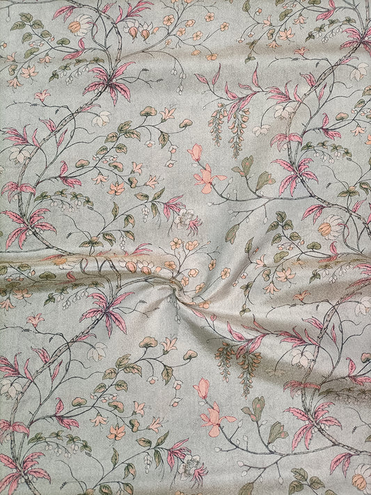 Grey Floral Pattern Digital Print Soft Brocade Fabric